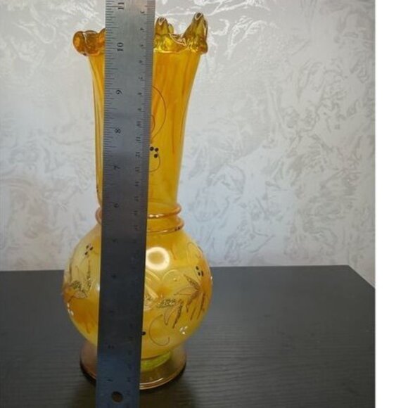 Vintage Hand Blown Amber Painted Glass Vase With Ruffled Rim & Floral Etching - Picture 2 of 5